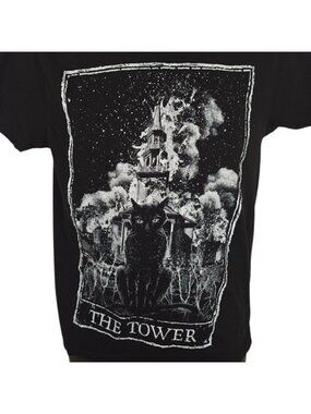 Tower Tarot Card T Shirt Mens Size Small Black Cat Fortune Telling Made In USA